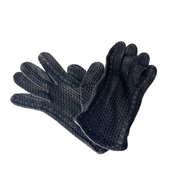 Vintage 80s Black Leather Crochet Driving Gloves Small Lightweight Open Knit - Picture 15 of 16